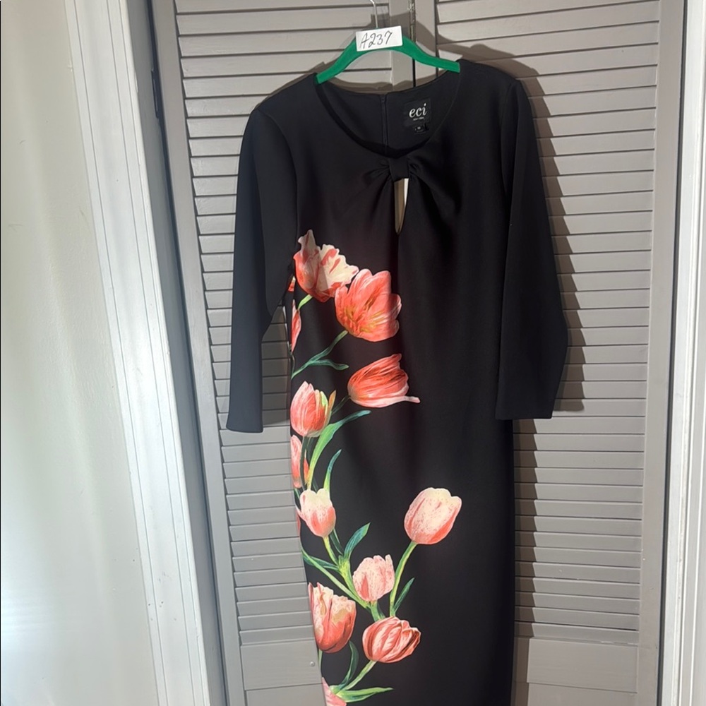 ECI Black Dress with Pink Floral Design